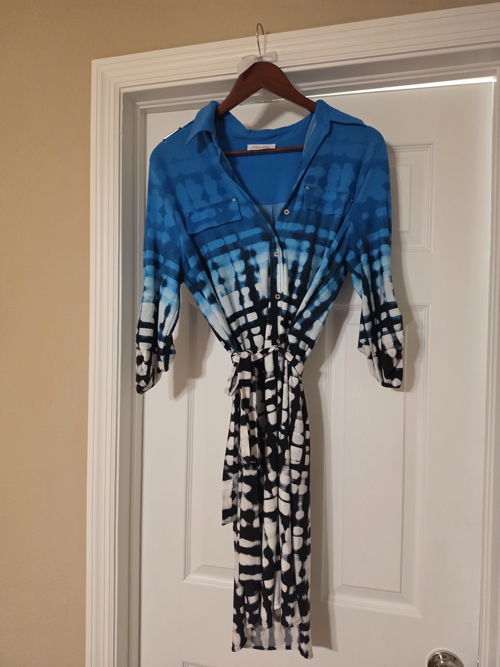 Calvin Klein Blue, White, And Black Long Sleeve Shirt Dress with Waist Tie
